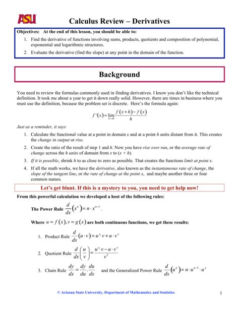 Full Download Calculus Review Derivatives Arizona State University 