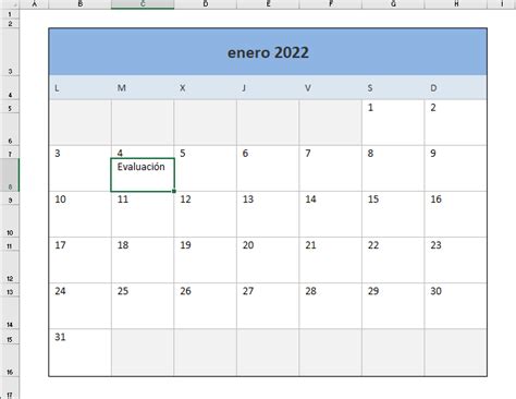 Calendario Excel 2022