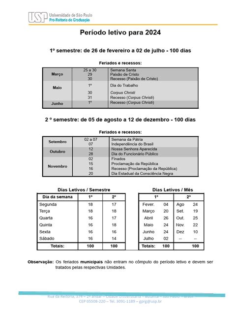 Calendário Usp 2024