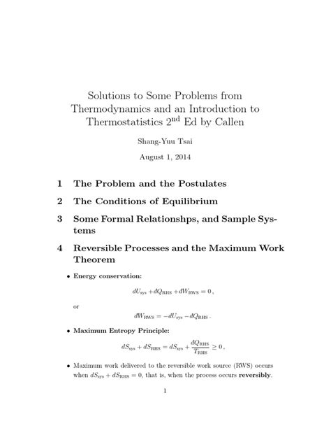 Callen Problems Solution Thermodynamics Tformc