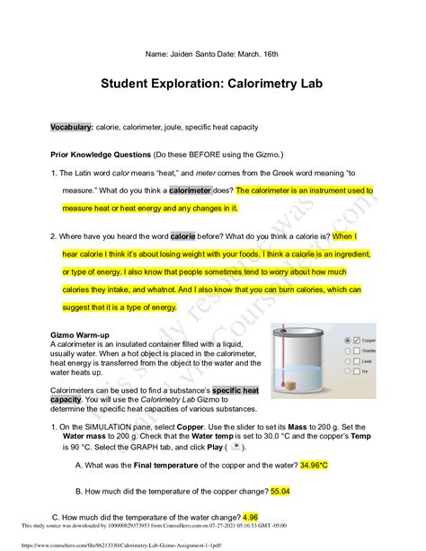 Calorimetry Gizmo Answer Key