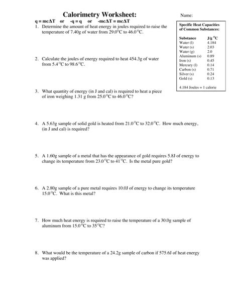 Calorimetry Worksheet With Answer Key Exercises Chemistry Docsity Calorimetry Worksheet Answers - Calorimetry Worksheet Answers