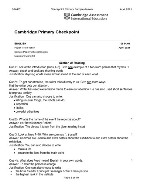 Cambridge Checkpoint Exam Papers Sample