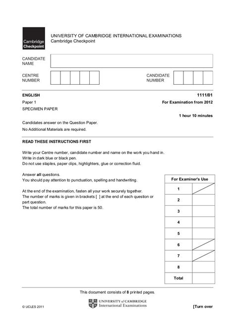 Read Cambridge Checkpoint Exam Papers 2012 