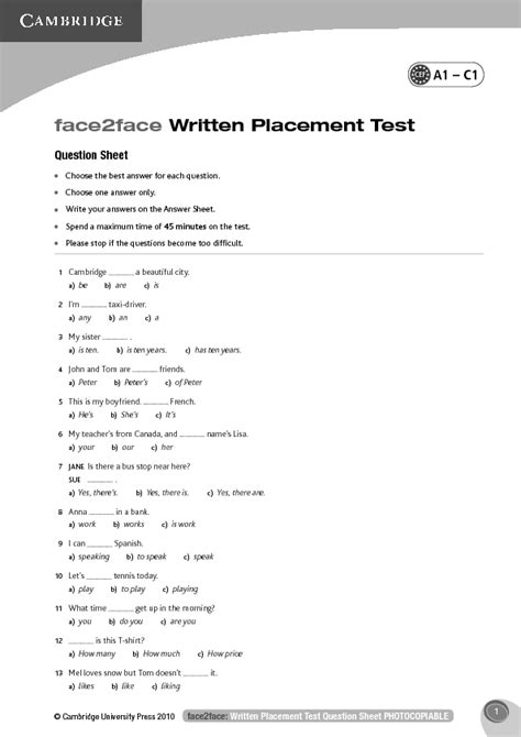 Download Cambridge Placement Test Sample Questions 