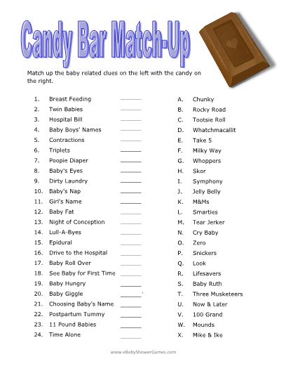 Candy Bar Match Up Answer Key