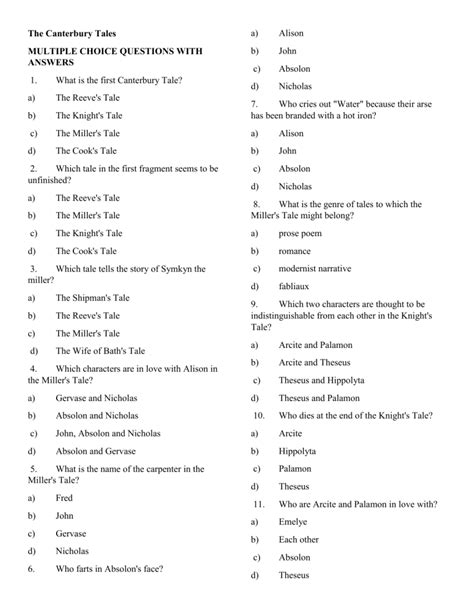 canterbury tales multiple choice unit test