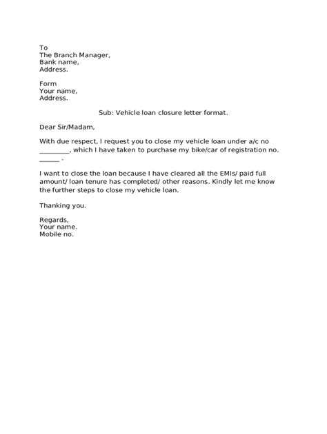 car loan closure letter format