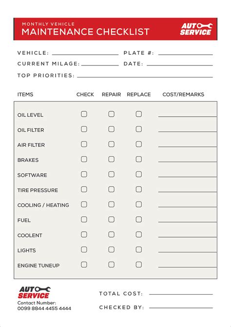 car service check sheet template