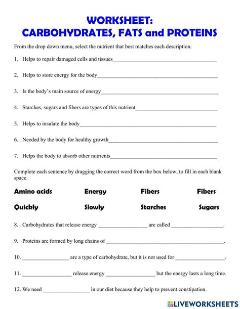 Carbohydrates Fats Amp Proteins Worksheet Live Worksheets Carbohydrate Worksheet Answers - Carbohydrate Worksheet Answers
