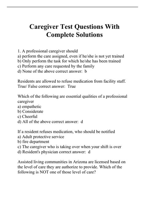 caregiver written exam sample question