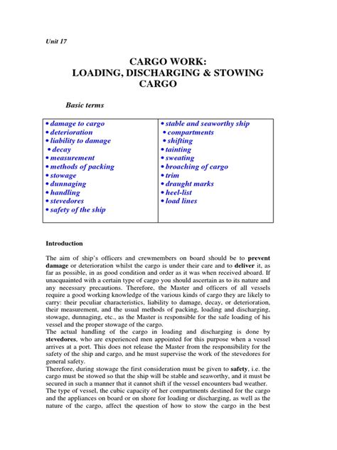 cargo work loading discharging stowing cargo