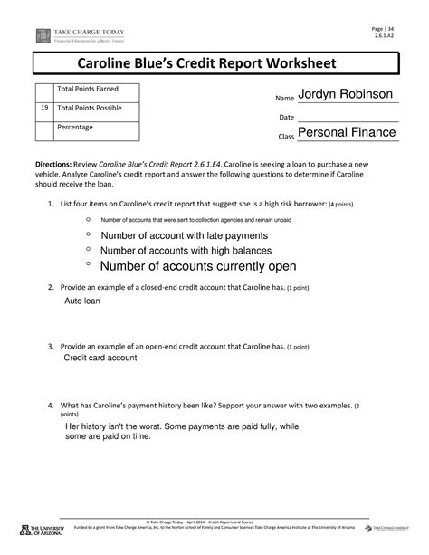 Caroline Blues Credit Report Worksheet 2 6 Page Credit Report Scenario Worksheet Answers - Credit Report Scenario Worksheet Answers