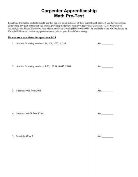 carpenter apprenticeship math pre test