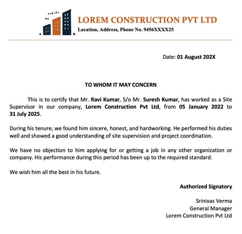Carpenter Experience Certificate Format