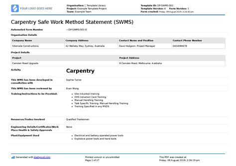 Carpentry Joinery Safe Work Method Statement Sample