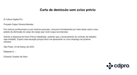 carta de demissão sem aviso previo