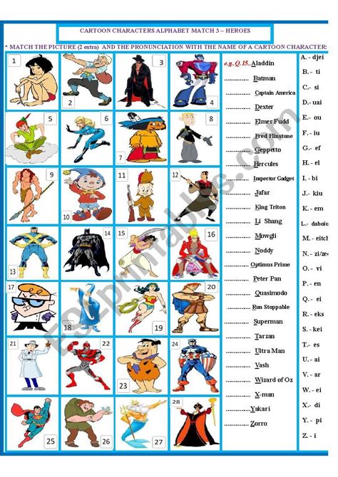 Cartoon Character Match 3 Heroes Esl Worksheet By My Hero Worksheet - My Hero Worksheet