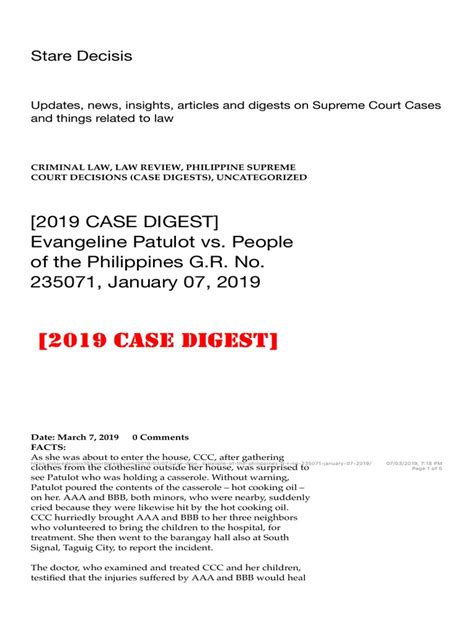 Case Brief No 20190012 Evangeline Patulot Vs People Of The - Patuaslot