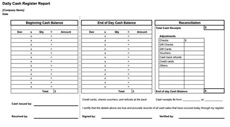 cash handling sheet template