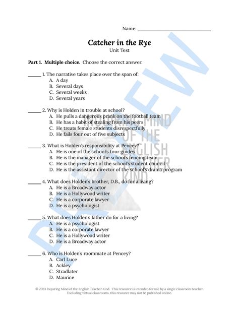 catcher in the rye study guide key