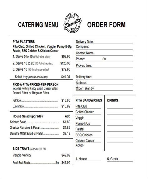 Catering Menu Order Form Template