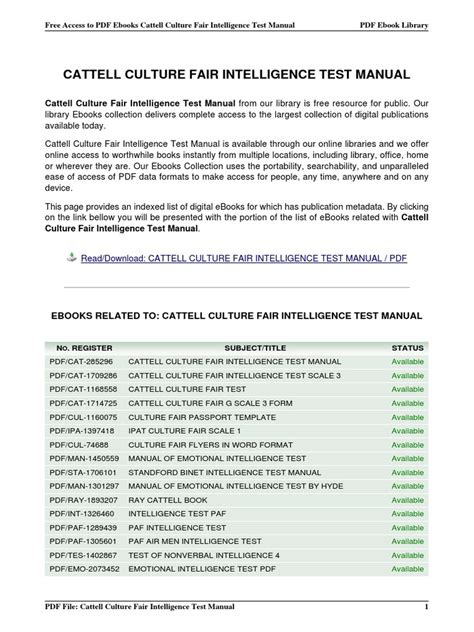 Read Cattell Culture Fair Intelligence Test Manual 
