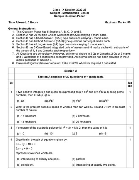 Cbse Class 10 Mathematics Standard Board Exam 2024 1 Math - 1 Math