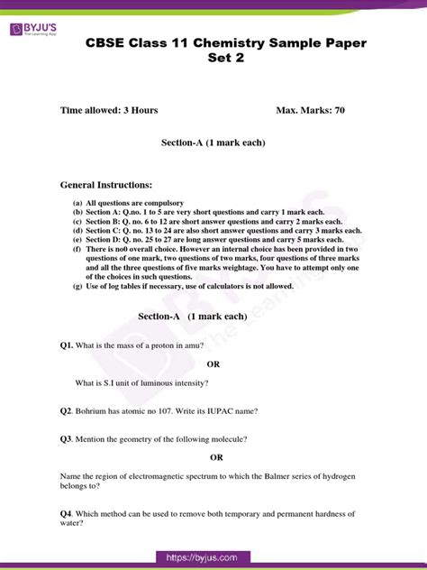 Cbse Class 11 Chemistry Sample Paper 2014