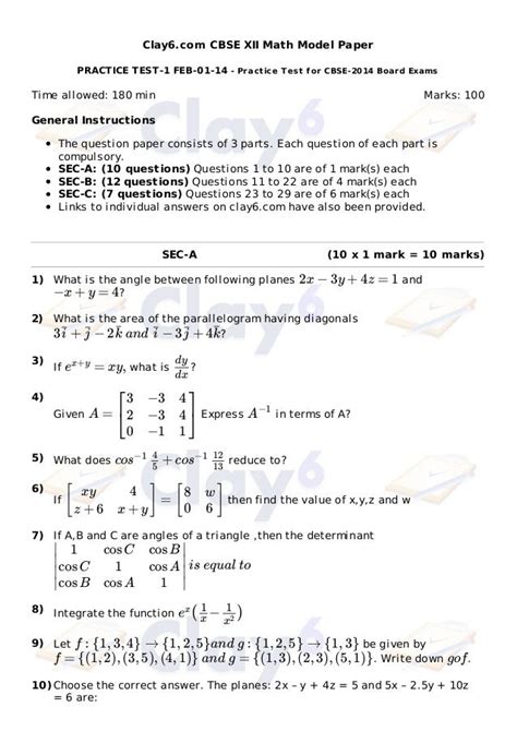 Cbse Class 12 Maths Important Questions And Answers Maths 1 To 100 - Maths 1 To 100