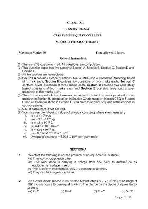 Cbse Physics Sample Paper 2023