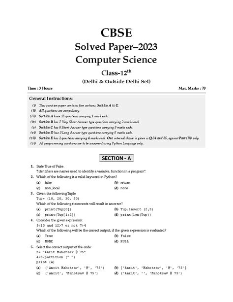 Cbse Xii Computer Science Solved Question Papers