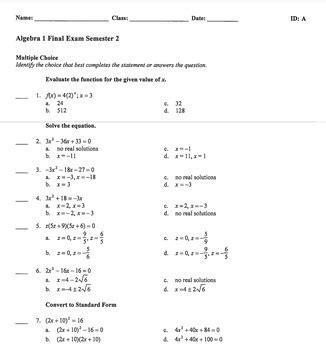 ccsd algebra 1 semester 2 answers