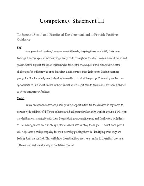 Cda Competency Statement 3 Preschool Sample