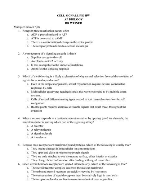 cell signalling multiple choice questions and answers