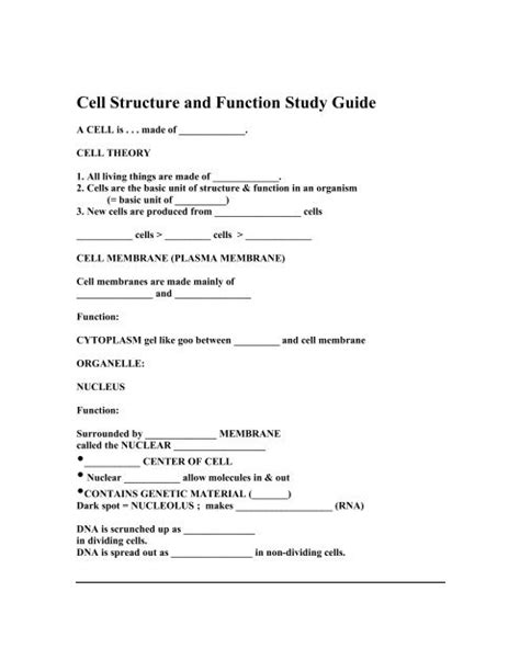 Cell Structure Function Study Guide Answer Key