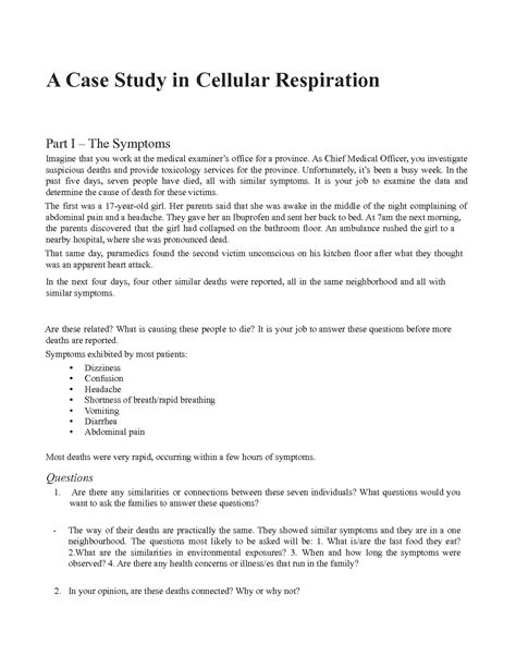 Cellular Respiration Case Study Answers