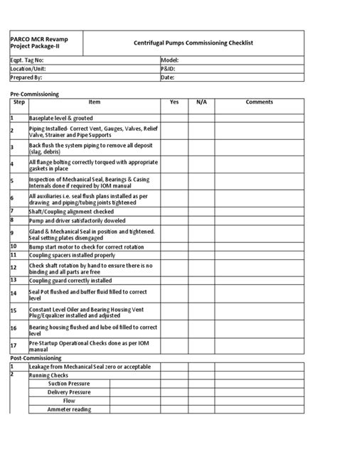 centrifugal pump maintenance checklist