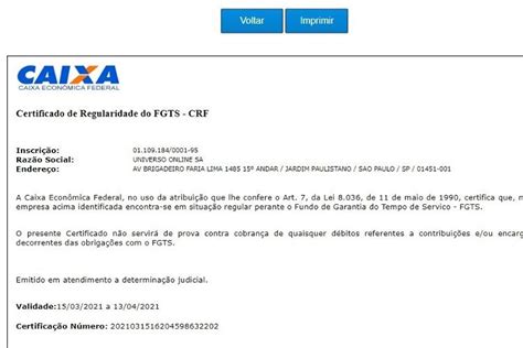 Certificado De Regularidade Do Fgts Crf