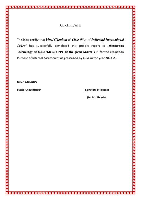 Certificate Format For School Project