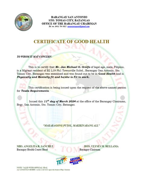 certificate good health sample