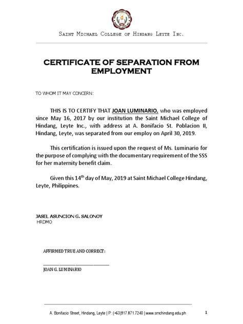certificate of separation from last employer sample