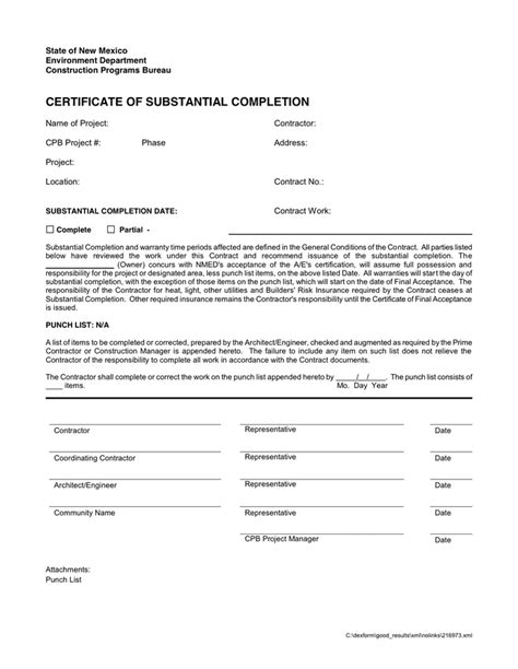 Certificate Of Substantial Completion