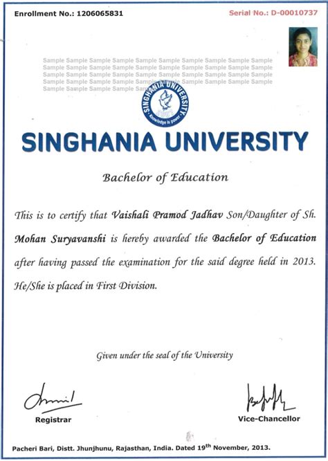 Download Certificate Diploma Singhania University 
