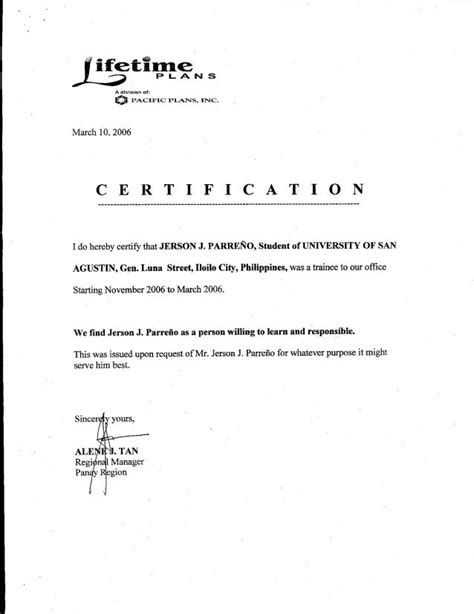 certification letter ojt sample