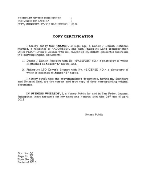 Certification True Copy Sample