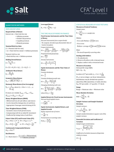 Cfa Level 1 Formula Sheet