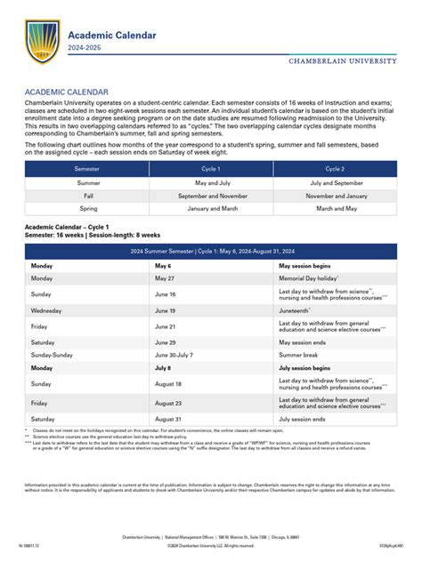 Chamberlain Academic Calendar