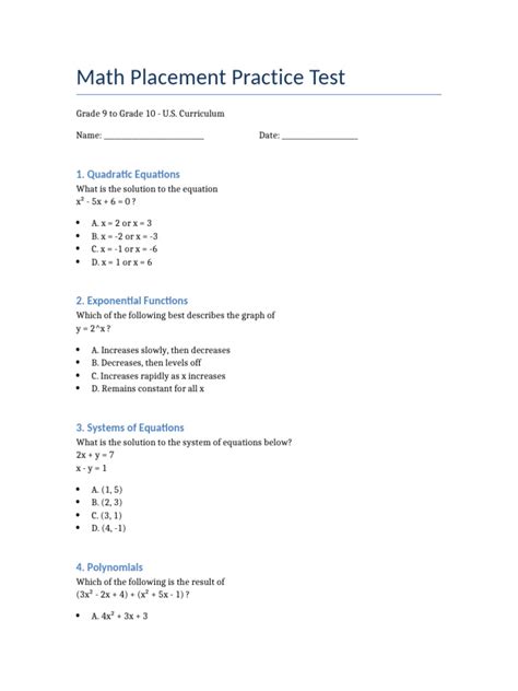 Chamberlain Math Placement Test