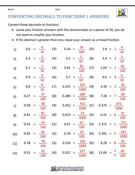 Changing Fractions To Decimals Math Test Change Fractions - Change Fractions